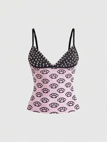 ROMWE Sexy Halloween Y2K Punk Rivet Patchwork Tiger Claw Print Women's Top - Baby Pink - View 1
