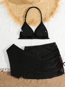 SHEIN 少女三件套比基尼，可爱针织网布黑色底粉色碎花图案，时尚休闲优雅泳装，适合游泳、度假、夏季穿着。黑色泳衣，高腰两件套泳装，三件套比基尼，三件套泳装，黑色粉色碎花三件套泳装，夏季度假保暖圣诞假期 - 黑色 - 查看 3
