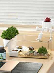 1 Buah Akuarium Kura-kura Plastik Bening dengan Platform Berjemur dan Pot Bunga Gratis untuk Penggunaan di Meja Kantor Rumah Habitat Kepiting Reptil Amfibi Terrarium Kandang Mini Transparan Portabel Tahan Lama Dapat Ditumpuk - Clear - View 4