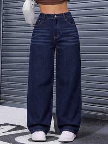 SHEIN ICON Plus Size Fashion Versatile Button Pocket Loose Denim Jeans - Dark Wash - View 7