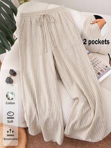 CosyJoli Women's Plus Size Loose Striped Textured Fabric Pants With Pockets, Suitable For Spring And Summer - Khaki - View 1