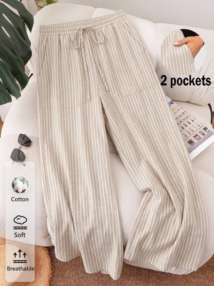 CosyJoli Women's Plus Size Loose Striped Textured Fabric Pants With Pockets, Suitable For Spring And Summer - Khaki - View 1