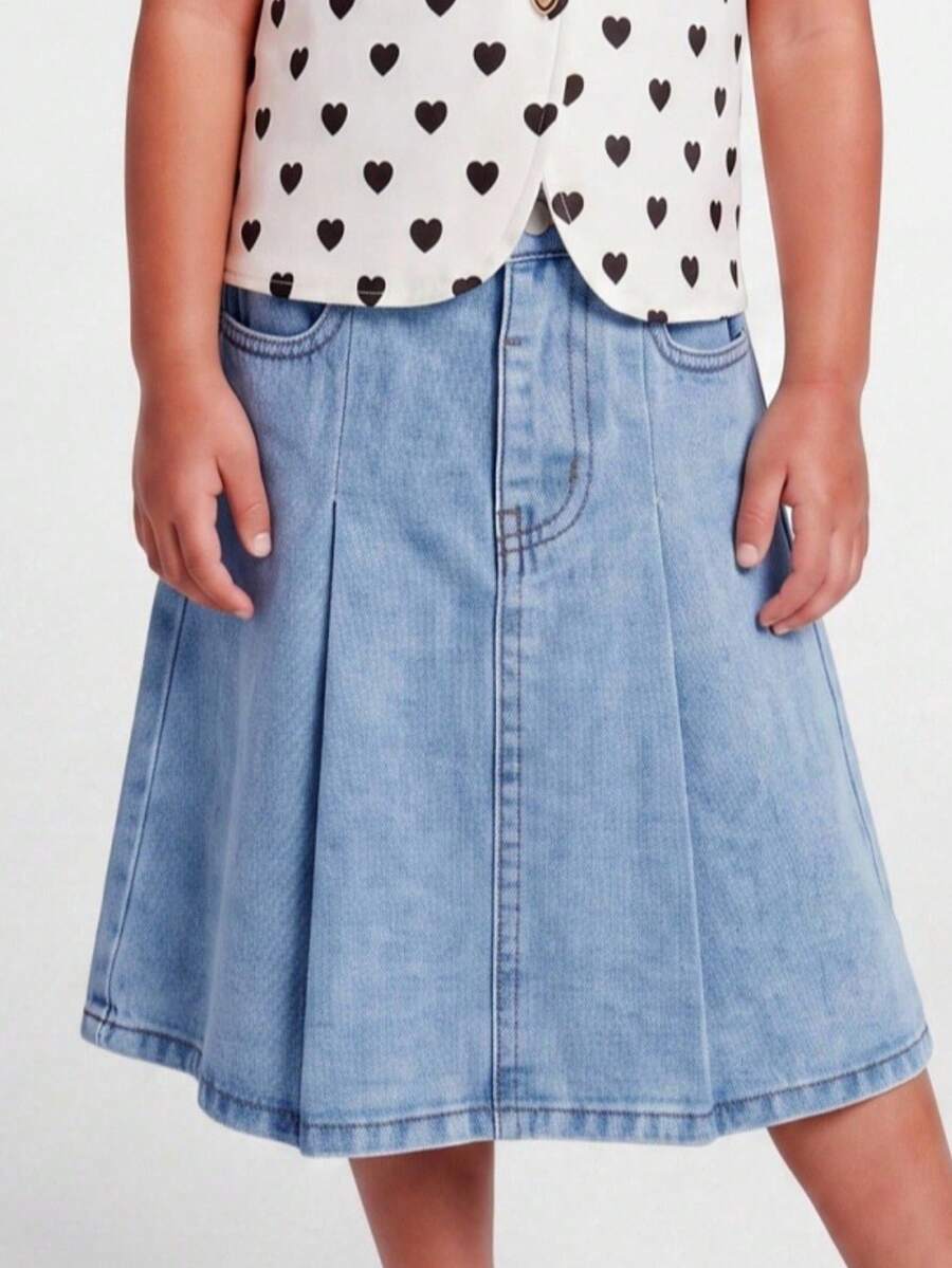 Maija Kids Maija Kids Young Girl Blue Pleated Flared Denim Skirt, Spring And Summer Casual Vacation - Light Wash - View 1