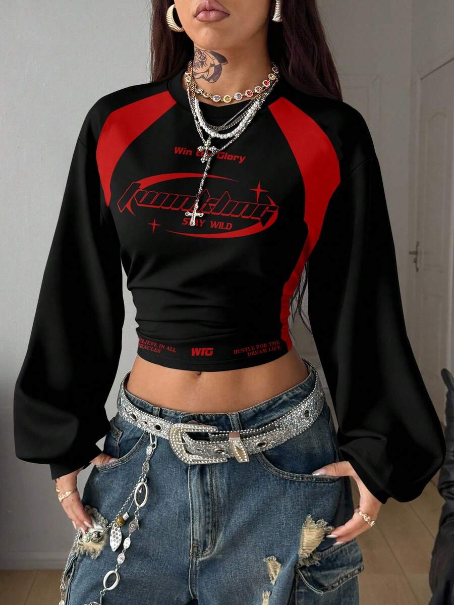 Coolane Sudadera corta casual de mujer con estampado de letras y mangas raglán - Multicolor - Ver 1