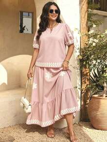 Breezaya Conjunto de 2 piezas de blusa de manga corta y falda con adorno floral, de tela tejida, cómodo y casual, para primavera temprana, en talla grande, color azul claro - Rosa Pálido - Ver 7