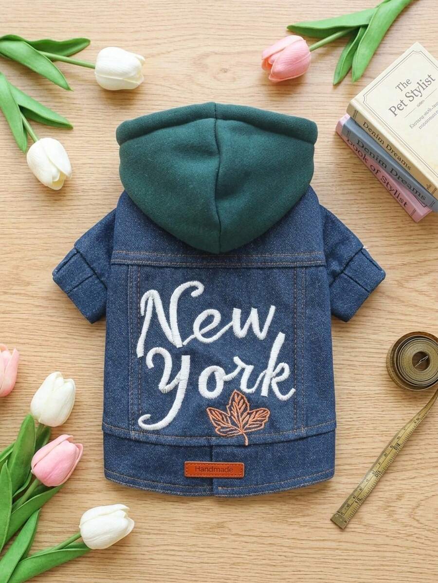 PETSIN 1pc Pet Clothing, Embroidered New York Letter Blue Pet Jacket, Comfortable Casual Jacket For Small Dogs - Blue - View 1