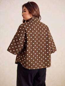 Elaquor Plus Size Polka Dot Print Denim Top - Brown - View 2