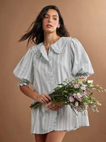 WESTFADE Embroidered Plaid Ruffle Collar Button Front Puff Sleeve Babydoll Mini Dress, Fall, Winter, Autumn, Female Country Look, Cowgirl, Church, Festival - Green - View 1