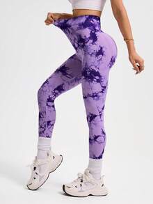 SHEIN Sports 紮染印花高腰無縫運動緊身褲 - 紫色 - 查看 1