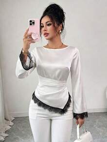 Selenza 女款船領對比蕾絲不對稱下擺優雅襯衫 - 白色 - 查看 4