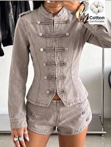 Muchica Women'S Long Sleeve Button Design Casual Retro Vintage 70s Street 80s Denim Jacket Old Washed Napoleon Y2K Country Concert 100% Cotton Grey Autumn - Light Grey - View 9