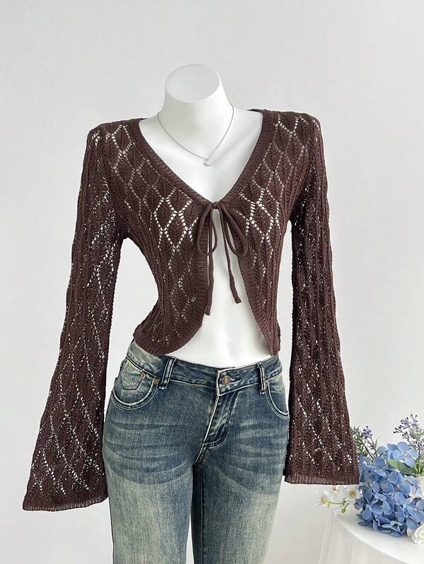 Elamini Hollow Knit Short Cover Up, Gentle Style Tie-Up Sun Protection Jacket, Spring/Summer Hot Girl Outerwear Cover-Up