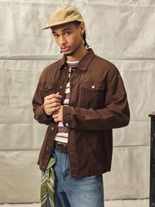 Norleigh Men Loose Fit Long Sleeve Cotton Solid Color Front Button Casual Denim Jacket, For Fall - Coffee Brown - View 7