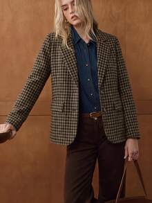 SHEIN New Women's Casual Commute Vintage Plaid Loose Blazer Jacket - Khaki - View 3