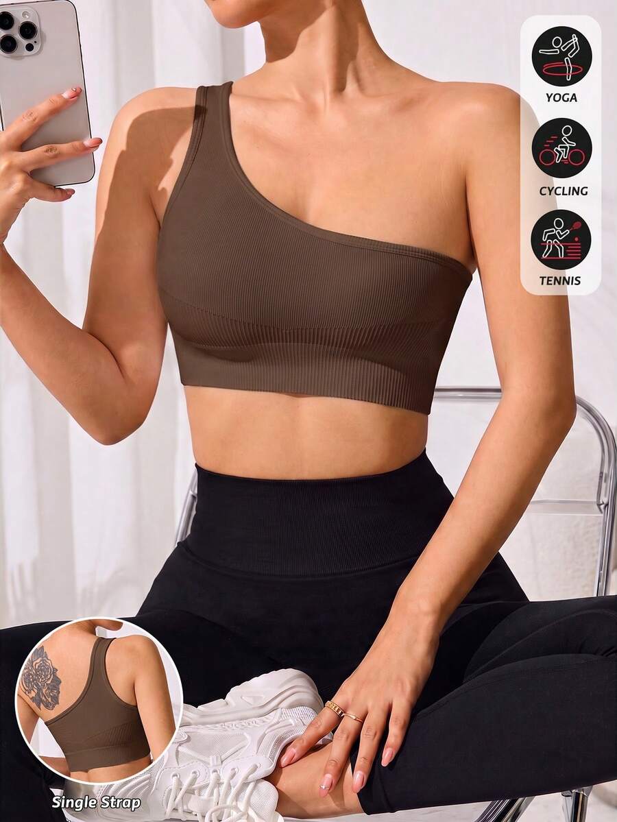 Dewbera Dewbera 女款極簡單肩運動背心,適用瑜伽與健身 - 棕色 - 查看 1