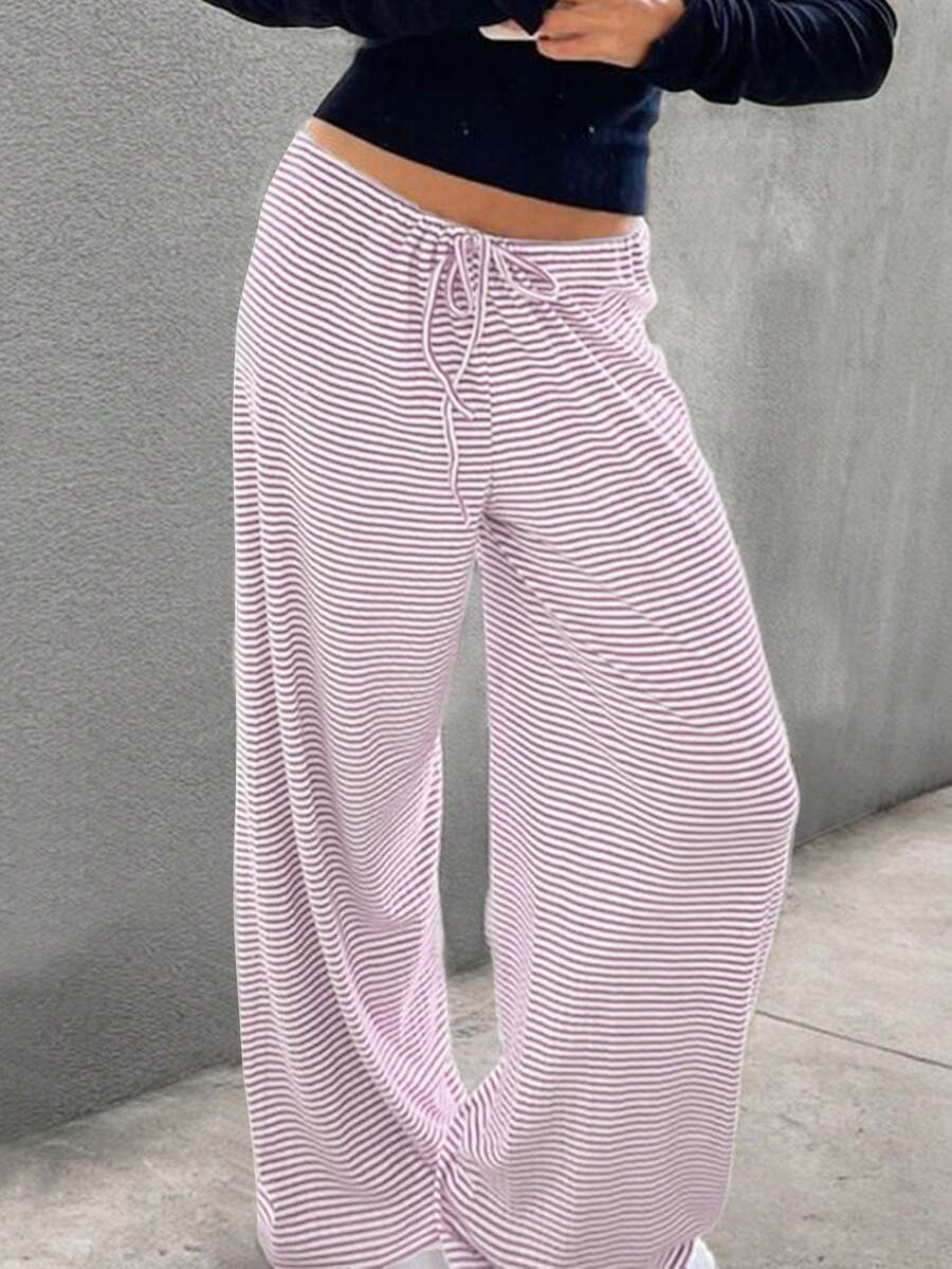 SHEIN BASICS Casual Y2k Knitted Pink And White Striped Low Waist Baggy Wide Leg Floor Length Pants For Women Autumn Clothes Lounge - Pink - View 1