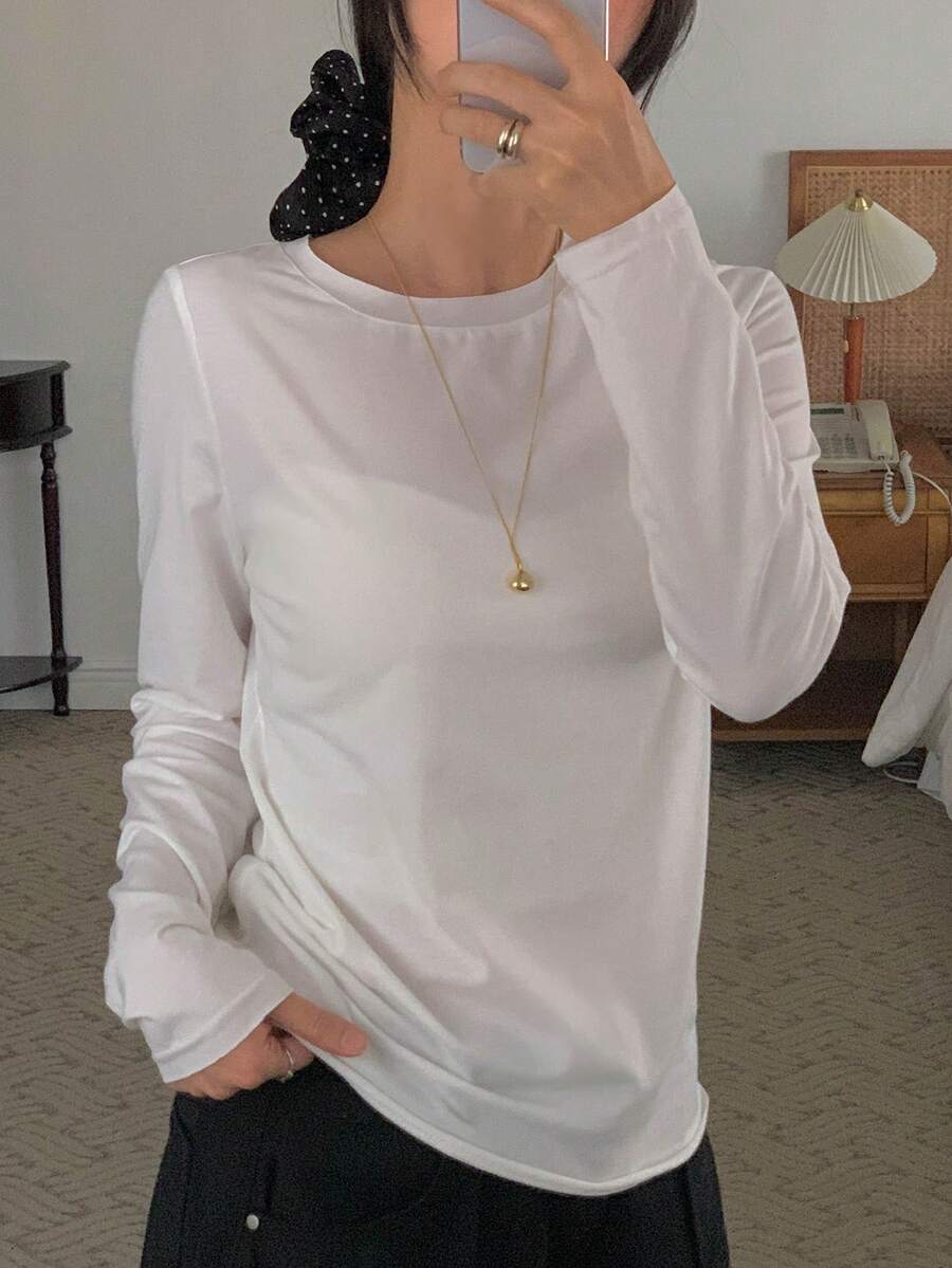 DAZY Autumn Casual Versatile Solid Color Long Sleeve T-Shirt - White - View 1