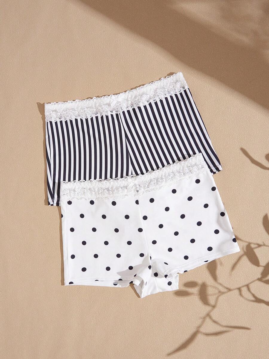 Lullawish 2pcs/Pack Women's Printed Polka Dot Striped Boxer Briefs - Black and White - View 1