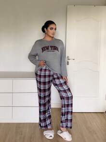 Napfluff CURVE Napfluff CURVE Plus Size Women's Casual Knit Plaid & Letter Print Loungewear Pajama Set - Grey - View 6