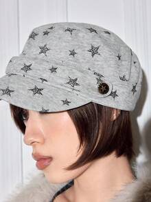 ROMWE Anime 1 Ladies Star Print Flat Top Hat Outdoor Adjustable Retro Hip Hop Newsboy Hat - Light Grey - View 4