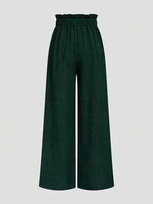 SHEIN Clasi Plus Size Women Dark Green Textured Paperbag Ruffle Elastic Back Waist Pleated Wide Leg Suit Pants Elegant Office Commute Daily Casual Trousers Fall - Blue - View 2