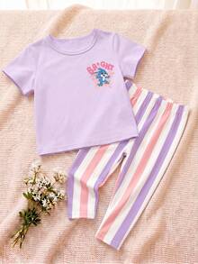 Bộ áo thun tay ngắn cổ tròn dáng rộng và quần legging cho bé gái, phong cách casual tối giản, họa tiết hoạt hình thỏ xanh Lulu & Stitch dễ thương, kẻ sọc, phù hợp xuân/hè, kawaii, đồ họa, thoải mái, phong cách du lịch, màu dopamine, phong cách tiệc tùng - trắng - Xem 6