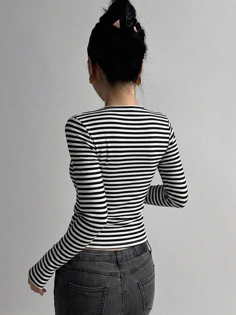 Women's Half-Button Long Sleeve Fitted Bodycon T-Shirt Fall Y2k