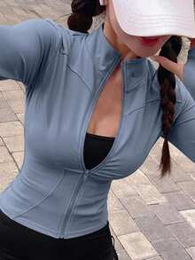 DAZY 女款純色彈性小立領修身長袖夾克，運動休閒風，春秋款 - 藍色 - 查看 4