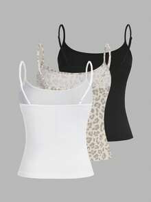 SHEIN EZwear 3pcs Casual Minimalist Black & White Leopard Print Pattern Tight Fitting Camisole Set, Versatile Style Suitable For Summer,Summer Top - Multicolor - View 2
