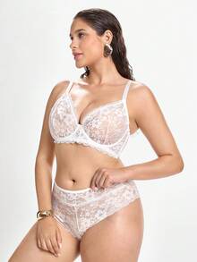 Slumbrini 3pcs White Underwire High Support High Coverage Bra + 2 Panties Lace Patchwork Elegant Classic Plus Size Lingerie Set White Lingerie - White - View 6