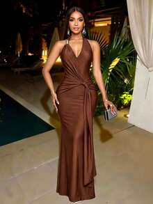 SOLERSUN V-Neck Halter-Neck Strappy Backless Fishtail Maxi Dress With Metal Buckle Embellishments And Flowing Wedding Dinner Coffee Brown Summer Elegant - Brown - View 1