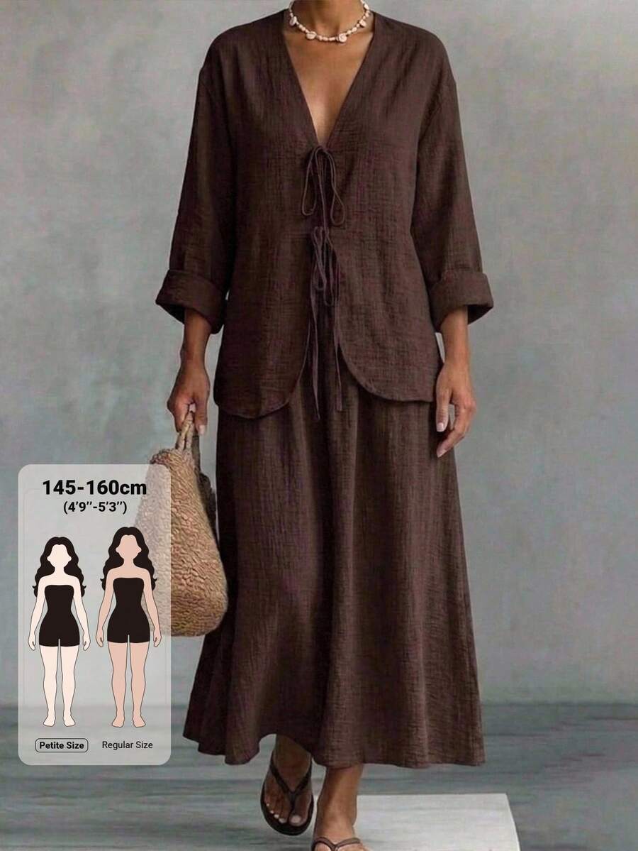 Livesso Petite Women's Casual Lace-Up Long Sleeve Shirt And Solid Color Skirt 2 Pieces Set Fall Vacation - Brown - View 1