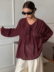 Livesso Petite Blus Wanita Elegan dengan Tali Pengikat dan Detail Kerut untuk Liburan dan Perjalanan Musim Gugur - Burgundy - View 6