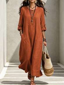 Linhara CURVE Women's Plus Size Loose Casual Solid Color Long Dress, Long Sleeve, Button, Round Neck, Casual Straight Dress, Lightweight Texture Hem Slit Flowy Long Sleeve Maxi Dress, Suitable For Outings, Vacation, Daily Wear - Brown - View 3