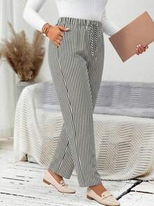 EMERY ROSE Plus Size Women's Casual Daily Striped Long Pants (With Pockets), Suitable For Spring, Summer, Autumn And Vacation Wear - Black - View 5
