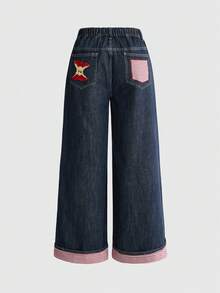 ROMWE Y2K Millennium Vintage Plaid Apple Patch Embroidery Loose Casual Low Waist Plus Size Women's Jeans - Dark Wash - View 2