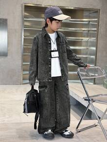 SHEIN 2件組青少年男孩時尚休閒Y2K復古酷街頭返校大學生基礎簡約舒適藍色牛仔休閒長袖襯衫 - 黑色 - 查看 3