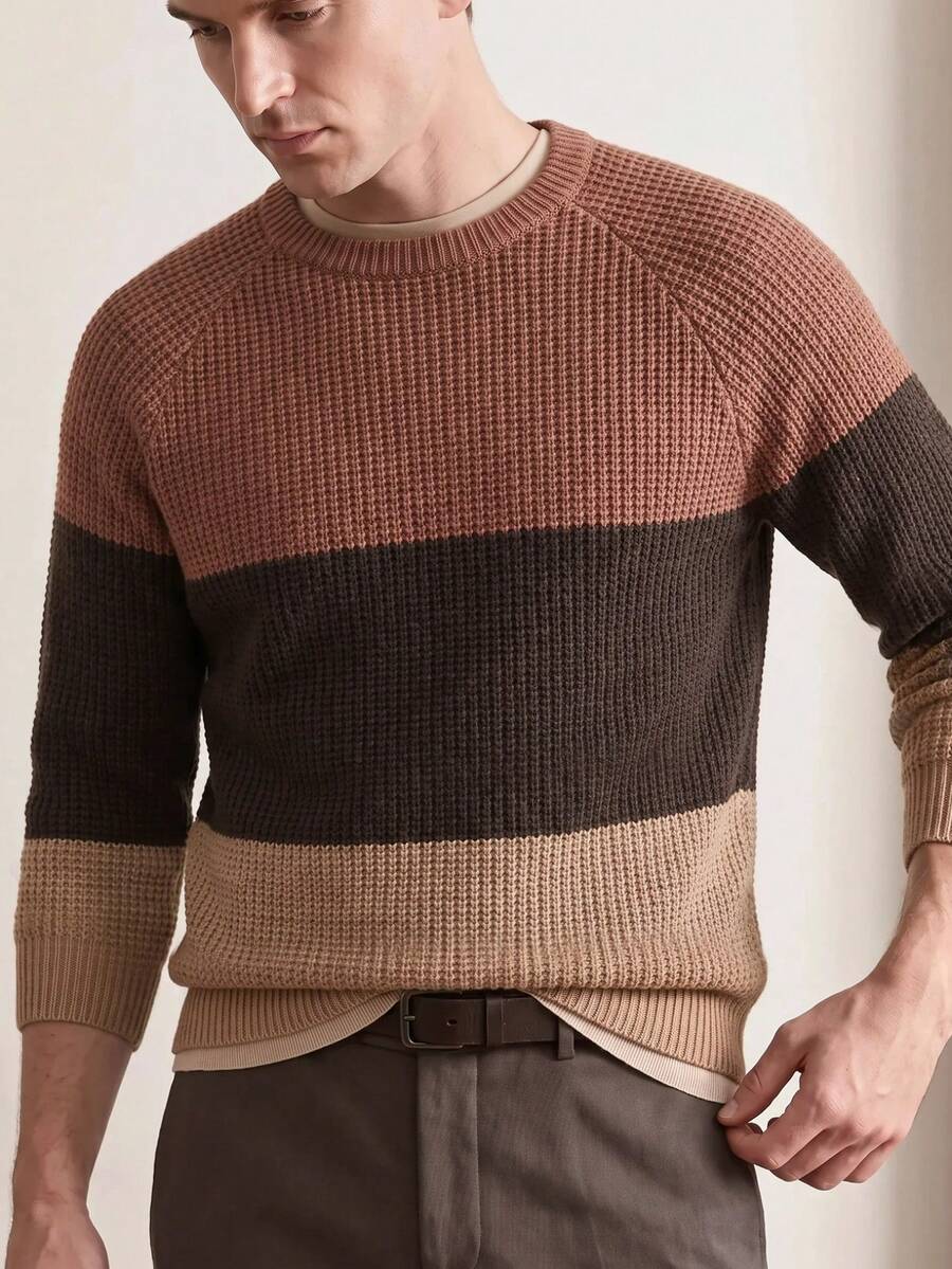 Manfinity CityGents Men's Casual Colorblock Patchwork Sweater, Autumn/Winter - Camel - View 1