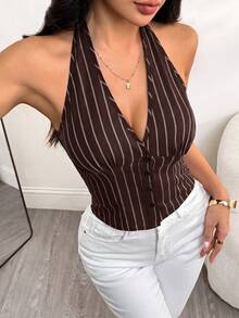 SHEIN PETITE 女款棉質條紋立領單排扣馬甲薄款西裝外套 秋冬款 - 棕色 - 查看 8