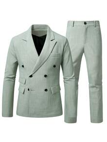 Manfinity Mode Men's Casual Versatile Double-Breasted Suit Jacket And Pants Set - Green - View 5