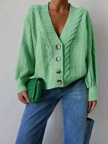 EURMUSE Cable Knit Drop Shoulder Cardigan - Mint Green - View 3