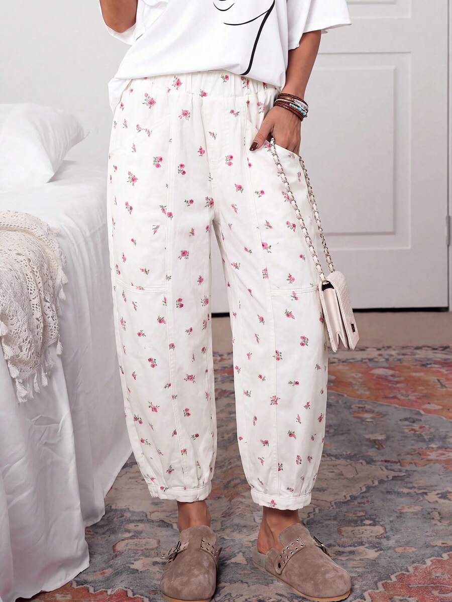 SHEIN Tall Celana Jeans Denim Kasual Serbaguna untuk Wanita dengan Motif Cetak Seluruh Permukaan, Cocok untuk Sehari-hari - Putih - View 1