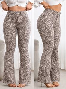 Flexra Plus Size Leopard Print High Waist Slimming Flare Leg Jeans - Multicolor - View 1