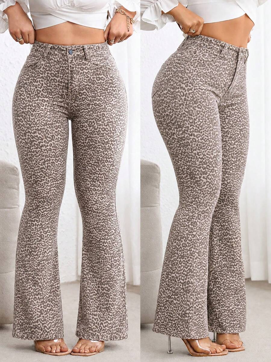 Flexra Plus Size Leopard Print High Waist Slimming Flare Leg Jeans - Multicolor - View 1