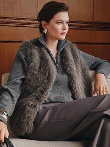 Anewsta Premium Grey Faux Fox Fur Vest, Sleeveless Pocket Plush Elegant Outerwear, Commute & Date Chic Socialite Style - Grey - View 8