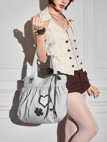 ROMWE Anime 甜美可愛蝴蝶結復古愛心女款單肩包，簡約波點夏季花卉圖案大容量托特包，適合日常通勤 - 灰色 - 查看 5