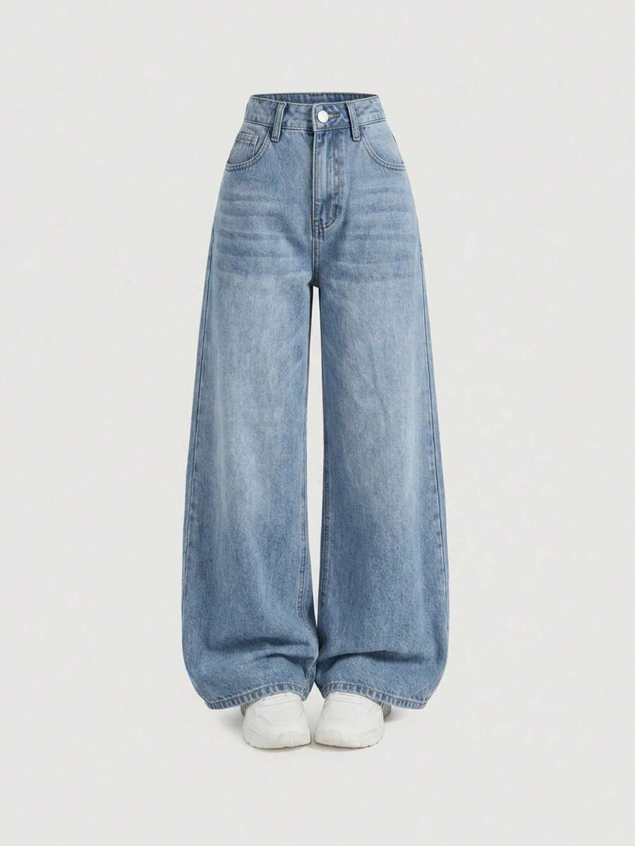 SHEIN Girlism 青少年女孩時尚簡約兒童鈕扣口袋寬鬆牛仔褲 - 淺色水洗藍 - 查看 1