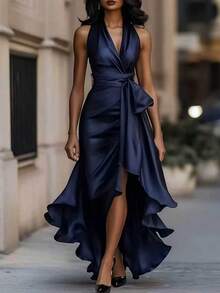 SHEIN LUNE 女士午夜优雅缎面露背无袖荷叶边连衣裙，适合晚宴、节日和日常穿着。 - 藏蓝色 - 查看 4