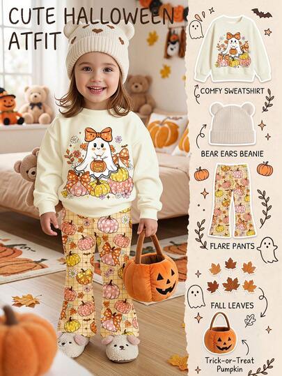 Cute Retro Sweet Halloween Little Ghost Pumpkin Bow Print, Vintage Plaid Dopamine Style, Young Girl Casual Minimalist Loose Crew Neck Long Sleeve Sweatshirt And Flare Pants 2-Piece Set, Suitable For Autumn/Winter, Easy And Comfortable, Children's Autumn Layering, Y2K, Sports Set, Outing, Street Style, Chill