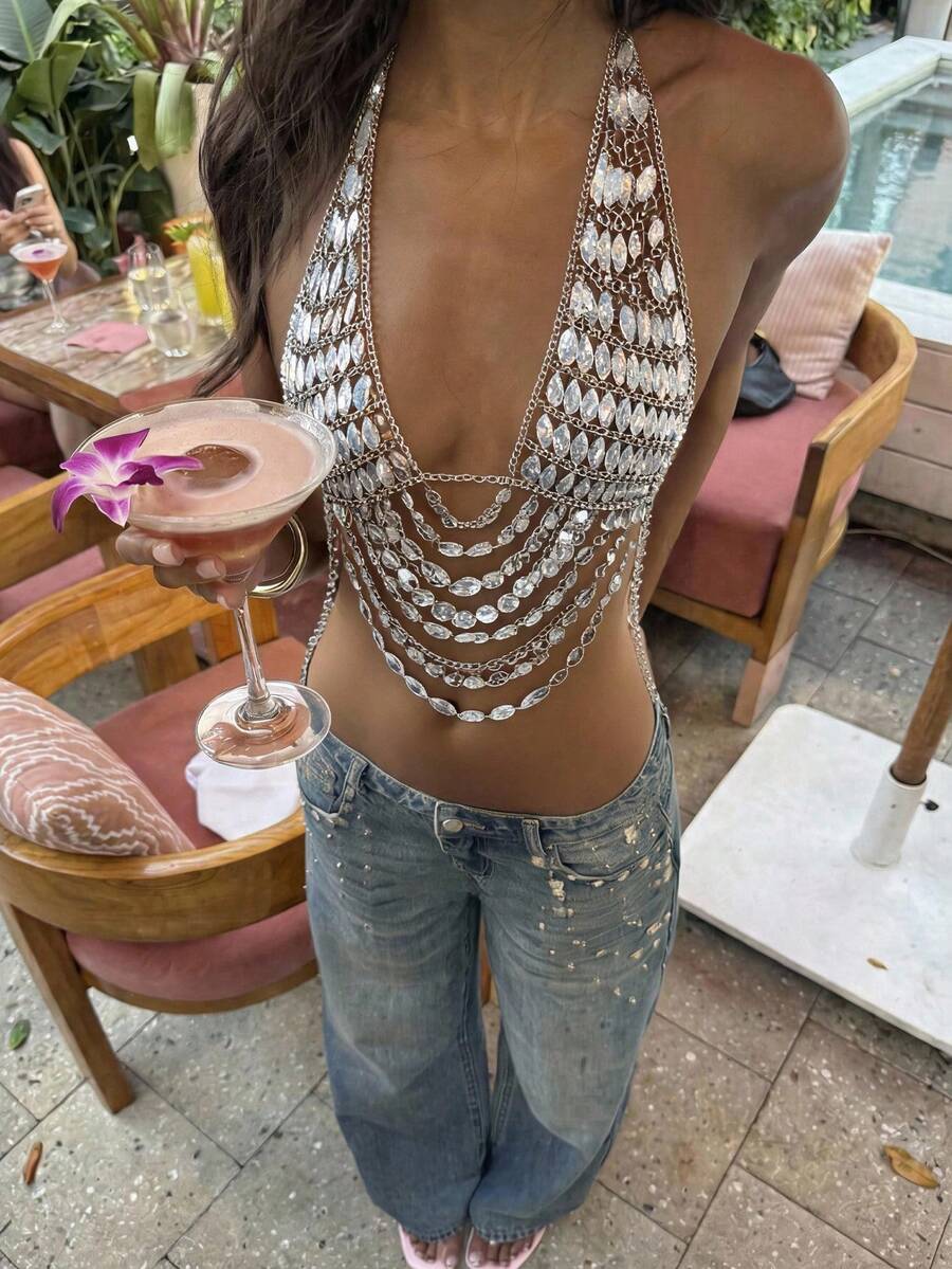 Femesol Women's Rhinestone Decorated Chain Fashion Creative Halter Top